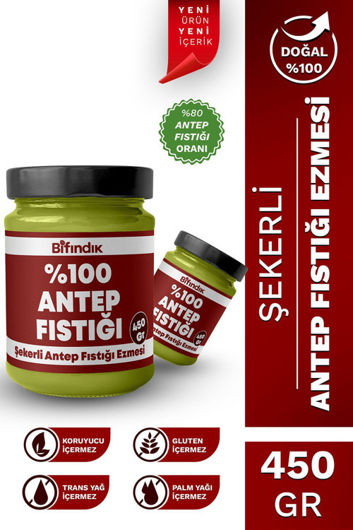 Şekerli Antep Fıstığı Ezmesi Taze Çekim Doğal Sürülebilir Kahvaltılık %80 Antep 450 Gram