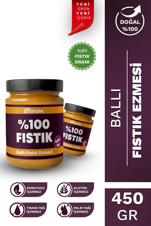 Ballı Fıstık Ezmesi Katkısız Taze Çekim Doğal Sürülebilir Kahvaltılık %80 Fıstık Ezmesi 450 Gram