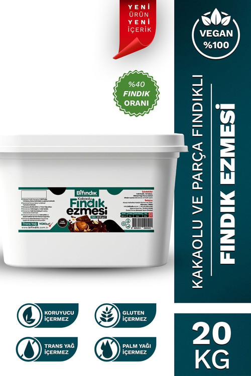 Doğal Kakaolu Parçacıklı Fındık Kreması Katkısız Kahvaltılık Sürülebilir 1.Kalite Fındık Ezmesi 20Kg