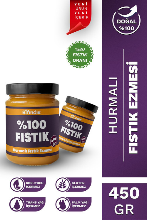 Hurmalı Fıstık Ezmesi Katkısız Taze Çekim Doğal Sürülebilir Kahvaltılık %80 Fıstık Ezmesi 450 Gram