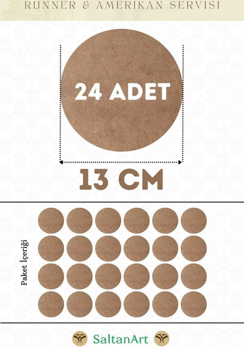 13 cm Çap 24 Adet Supla Amerikan Servis Runner MDF Duralit Magnet Altı Ahşap 3 mm (2,7 mm) Kalınlık