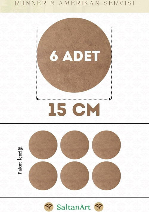 15 cm Çap 6 Adet Supla Amerikan Servis Runner MDF Duralit Magnet Altı Ahşap 3 mm (2,7 mm) Kalınlık