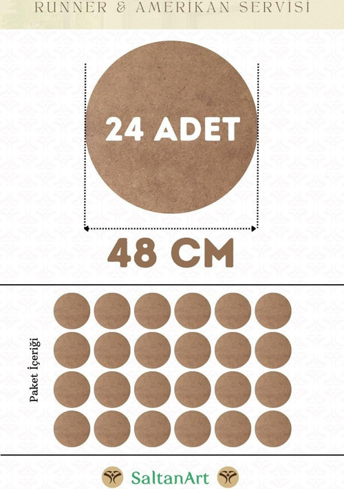 48 cm Çap 24 Adet Supla Amerikan Servis Runner MDF Duralit Magnet Altı Ahşap 3 mm (2,7 mm) Kalınlık