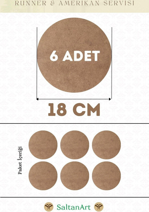 18 cm Çap 6 Adet Supla Amerikan Servis Runner MDF Duralit Magnet Altı Ahşap 3 mm (2,7 mm) Kalınlık