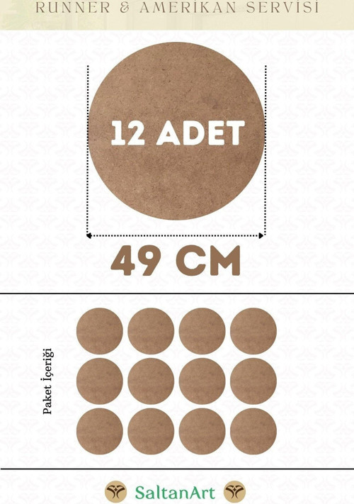 49 cm Çap 12 Adet Supla Amerikan Servis Runner MDF Duralit Magnet Altı Ahşap 3 mm (2,7 mm) Kalınlık