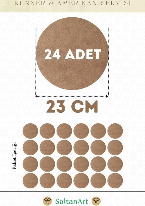 23 cm Çap 24 Adet Supla Amerikan Servis Runner MDF Duralit Magnet Altı Ahşap 3 mm (2,7 mm) Kalınlık