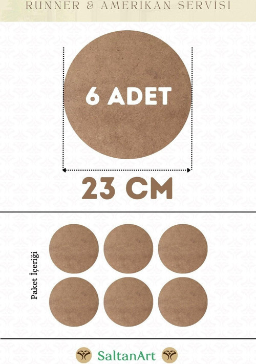 23 cm Çap 6 Adet Supla Amerikan Servis Runner MDF Duralit Magnet Altı Ahşap 3 mm (2,7 mm) Kalınlık