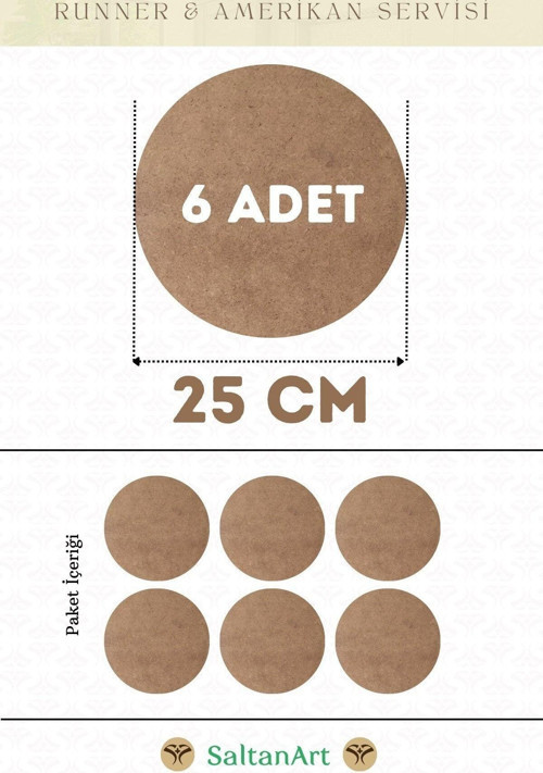 25 cm Çap 6 Adet Supla Amerikan Servis Runner MDF Duralit Magnet Altı Ahşap 3 mm (2,7 mm) Kalınlık