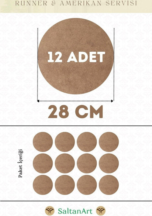 28 cm Çap 12 Adet Supla Amerikan Servis Runner MDF Duralit Magnet Altı Ahşap 3 mm (2,7 mm) Kalınlık