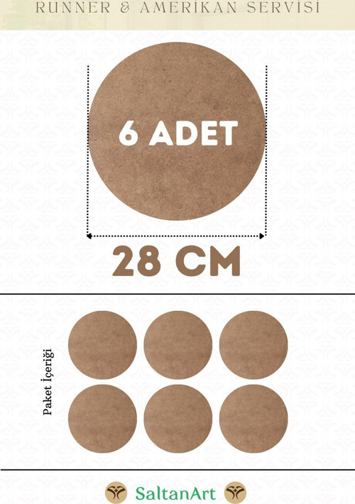 28 cm Çap 6 Adet Supla Amerikan Servis Runner MDF Duralit Magnet Altı Ahşap 3 mm (2,7 mm) Kalınlık