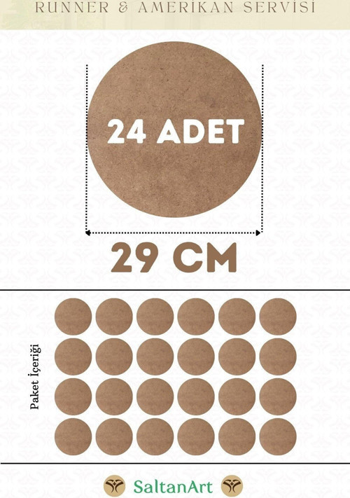 29 cm Çap 24 Adet Supla Amerikan Servis Runner MDF Duralit Magnet Altı Ahşap 3 mm (2,7 mm) Kalınlık