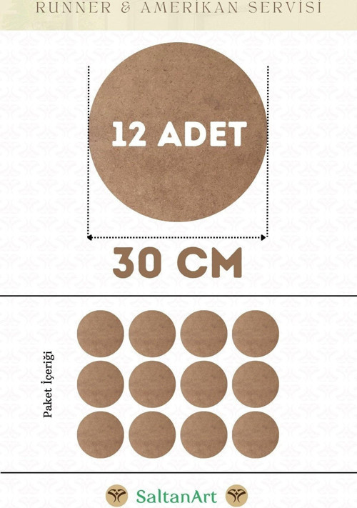 30 cm Çap 12 Adet Supla Amerikan Servis Runner MDF Duralit Magnet Altı Ahşap 3 mm (2,7 mm) Kalınlık
