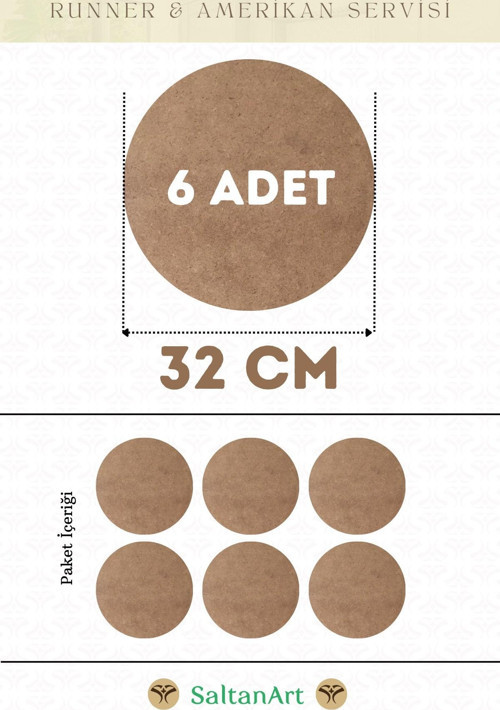 32 cm Çap 6 Adet Supla Amerikan Servis Runner MDF Duralit Magnet Altı Ahşap 3 mm (2,7 mm) Kalınlık