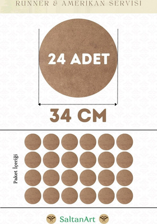 34 cm Çap 24 Adet Supla Amerikan Servis Runner MDF Duralit Magnet Altı Ahşap 3 mm (2,7 mm) Kalınlık