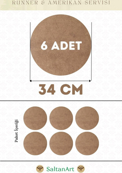 34 cm Çap 6 Adet Supla Amerikan Servis Runner MDF Duralit Magnet Altı Ahşap 3 mm (2,7 mm) Kalınlık