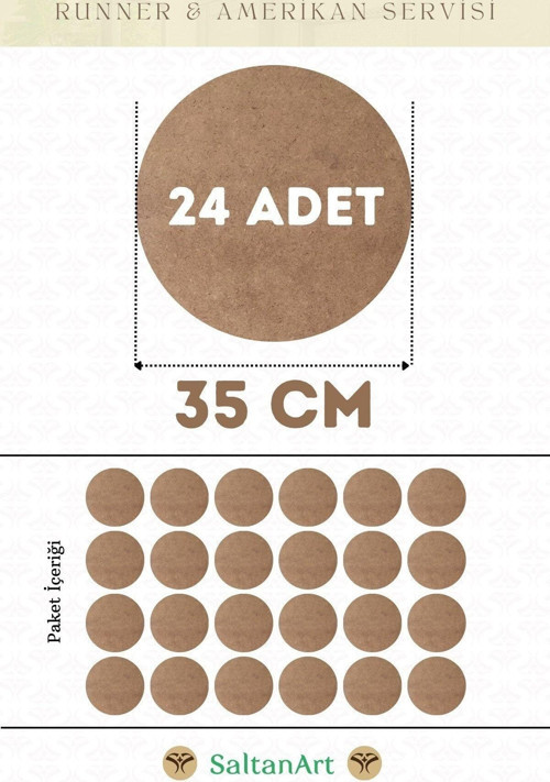 35 cm Çap 24 Adet Supla Amerikan Servis Runner MDF Duralit Magnet Altı Ahşap 3 mm (2,7 mm) Kalınlık