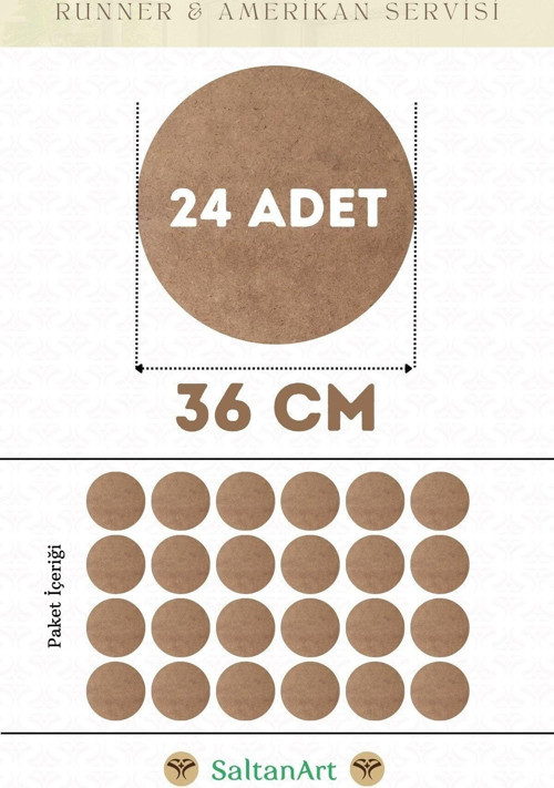 36 cm Çap 24 Adet Supla Amerikan Servis Runner MDF Duralit Magnet Altı Ahşap 3 mm (2,7 mm) Kalınlık