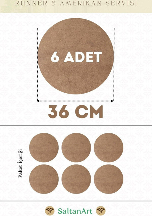36 cm Çap 6 Adet Supla Amerikan Servis Runner MDF Duralit Magnet Altı Ahşap 3 mm (2,7 mm) Kalınlık