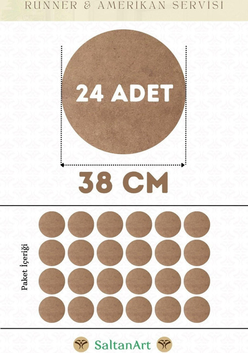 38 cm Çap 24 Adet Supla Amerikan Servis Runner MDF Duralit Magnet Altı Ahşap 3 mm (2,7 mm) Kalınlık