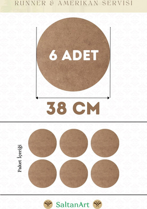 38 cm Çap 6 Adet Supla Amerikan Servis Runner MDF Duralit Magnet Altı Ahşap 3 mm (2,7 mm) Kalınlık