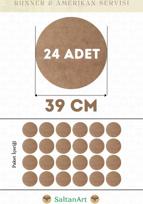 39 cm Çap 24 Adet Supla Amerikan Servis Runner MDF Duralit Magnet Altı Ahşap 3 mm (2,7 mm) Kalınlık