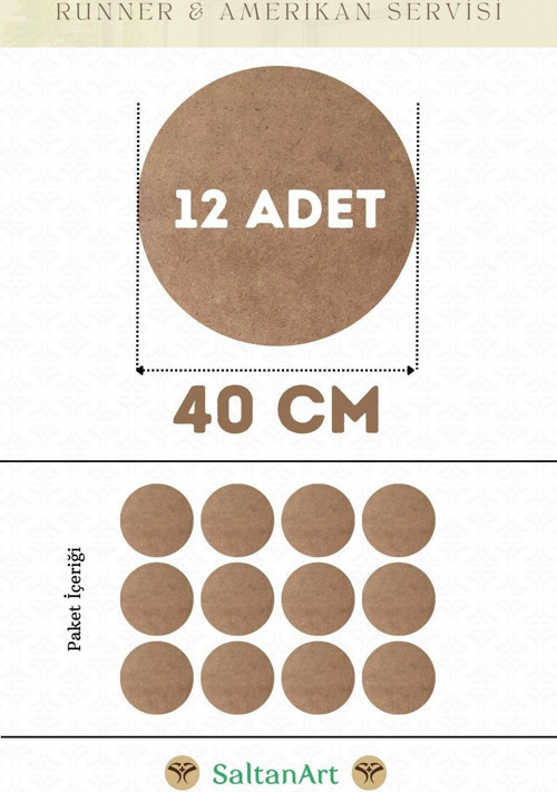 40 cm Çap 12 Adet Supla Amerikan Servis Runner MDF Duralit Magnet Altı Ahşap 3 mm (2,7 mm) Kalınlık