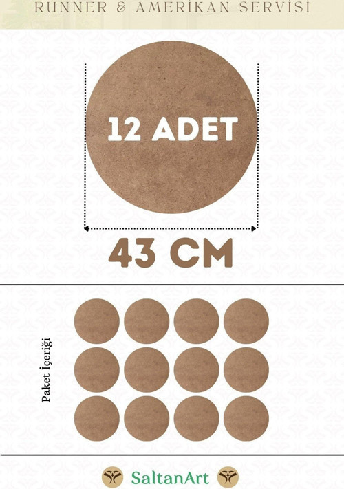 43 cm Çap 12 Adet Supla Amerikan Servis Runner MDF Duralit Magnet Altı Ahşap 3 mm (2,7 mm) Kalınlık