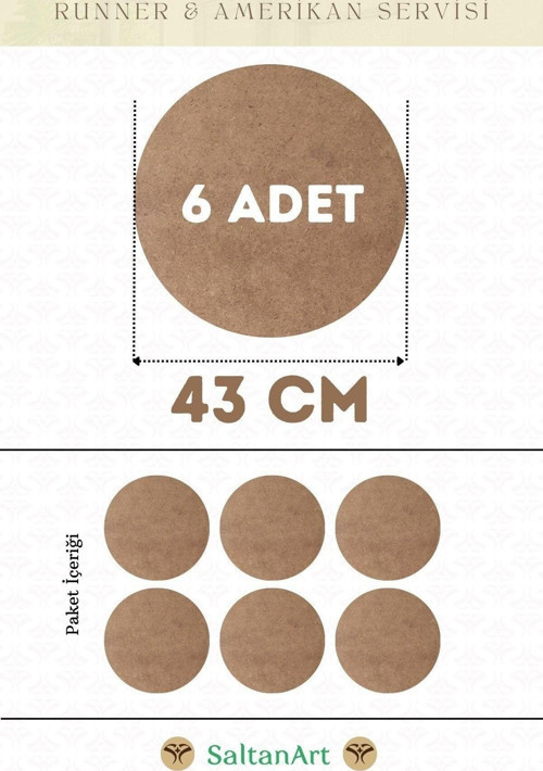 43 cm Çap 6 Adet Supla Amerikan Servis Runner MDF Duralit Magnet Altı Ahşap 3 mm (2,7 mm) Kalınlık