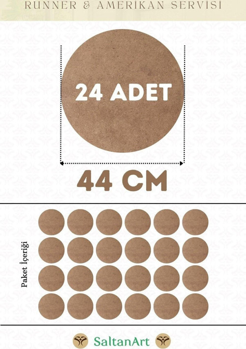 44 cm Çap 24 Adet Supla Amerikan Servis Runner MDF Duralit Magnet Altı Ahşap 3 mm (2,7 mm) Kalınlık