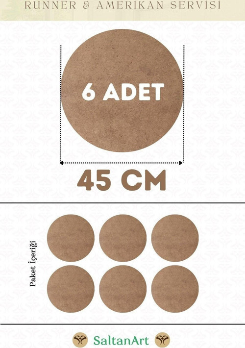 45 cm Çap 6 Adet Supla Amerikan Servis Runner MDF Duralit Magnet Altı Ahşap 3 mm (2,7 mm) Kalınlık
