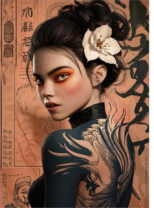 Lotus çiçekli yakuza kız Hediyelik Mdf Tablo 50 cm x 70 cm