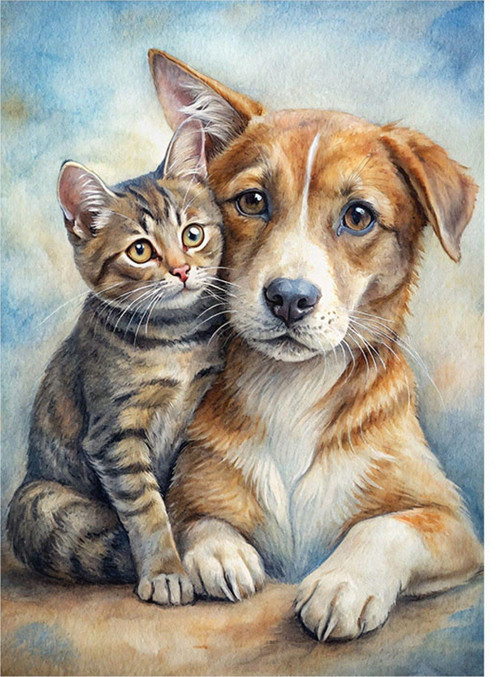 Kedi ve Köpek dostluğu Tasarım Mdf Tablo 50 cm x 70 cm