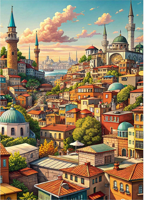 İstanbul Manzaralı Şehir Desenli Mdf Tablo 35 cm x 50 cm