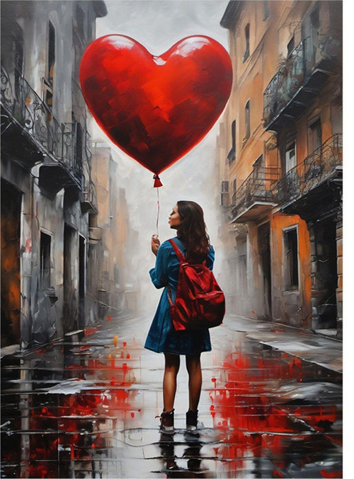 Kırmızı Kalp Şeklinde Uçan Balonlu Kız Modern Mdf Tablo 50 cm x 70 cm