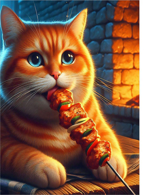 Şiş Kebap Yiyen Kedi Art Mdf Poster 50 cm x 70 cm
