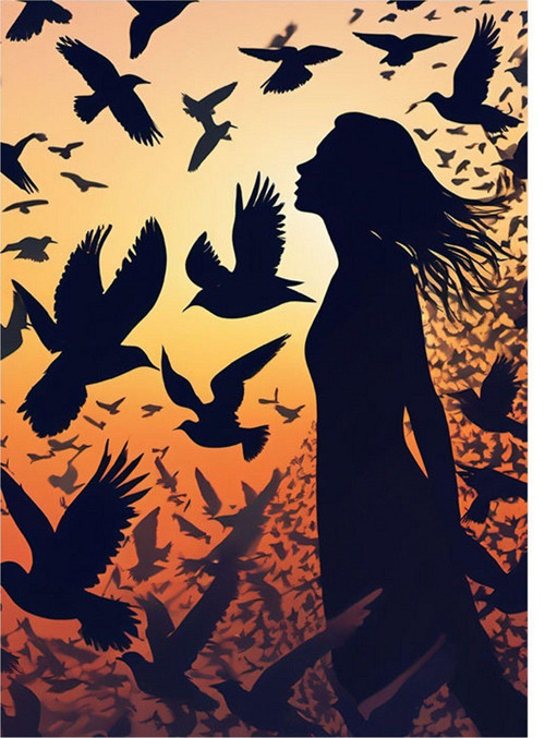 Kuşlar Ve Kadın Art Mdf Poster 50 cm x 70 cm