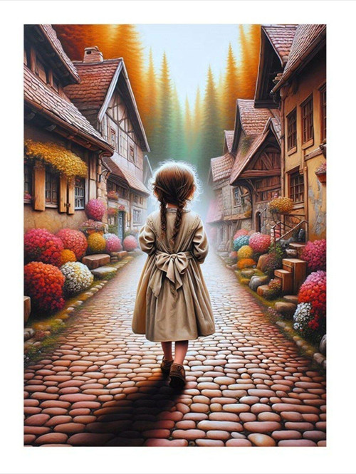 Retro Kasaba Ve Küçük Kız Art Mdf Poster 25 cm x 35 cm