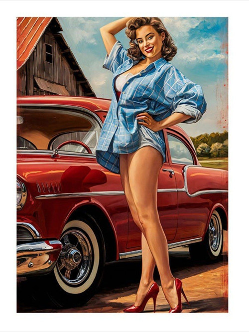 Kırmızı Klasik Araba Ve Pin Up Kadın Art Mdf Tablo 35 cm x 50 cm