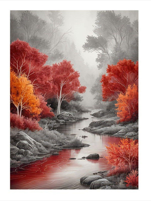 Kırmızı Ağaçlar Ve Orman Hediyelik Mdf Tablo 25 cm x 35 cm