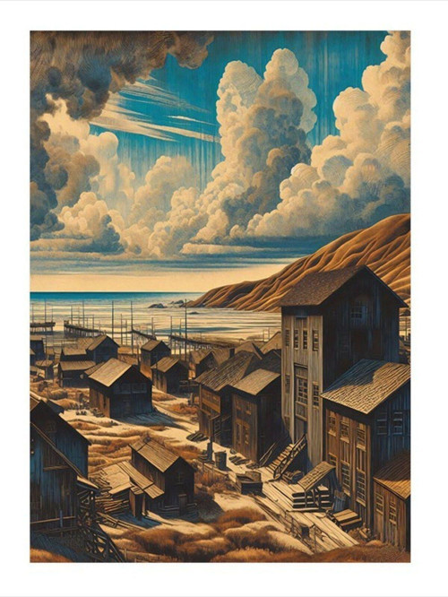 Retro Sahil Kasabası Tasarım Mdf Tablo 50 cm x 70 cm