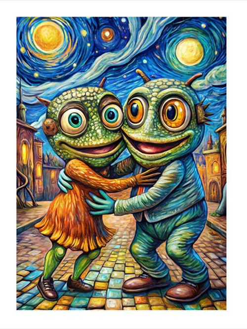 Van Gogh Stili Sarılan Kurbağalar Tasarım Mdf Tablo 50 cm x 70 cm