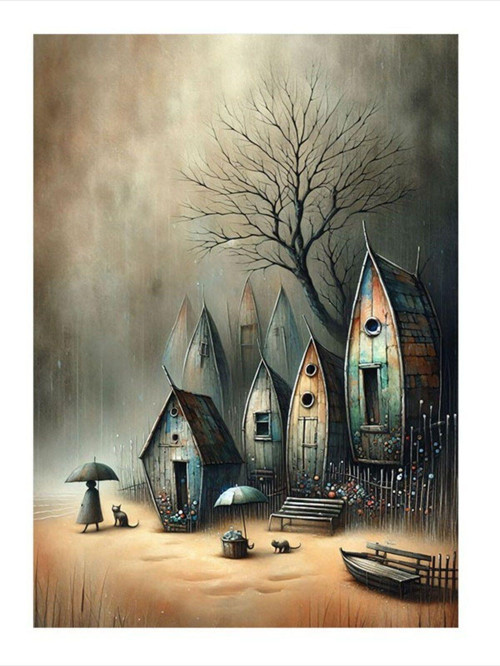 Yağmurdaki Küçük Evler Art Mdf Poster 35 cm x 50 cm