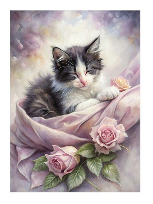 Yavru Kedi Ve Güller Art Mdf Poster 35 cm x 50 cm