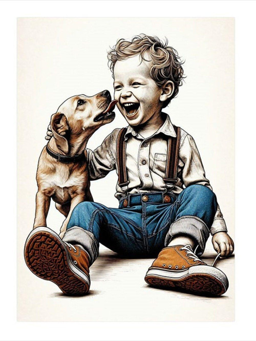 Gülen Çocuk Ve Köpeği Desenli Mdf Tablo 50 cm x 70 cm