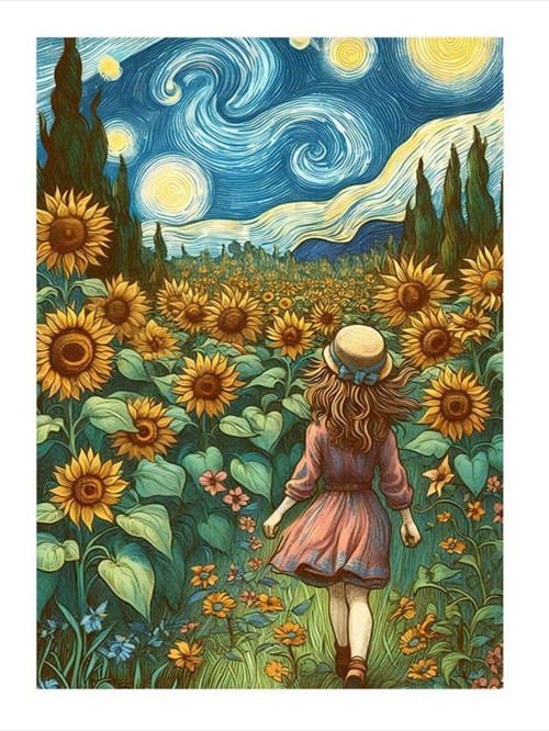 Ayçiçekleri Ve Kız Çocuğu Mdf poster 25 cm x 35 cm