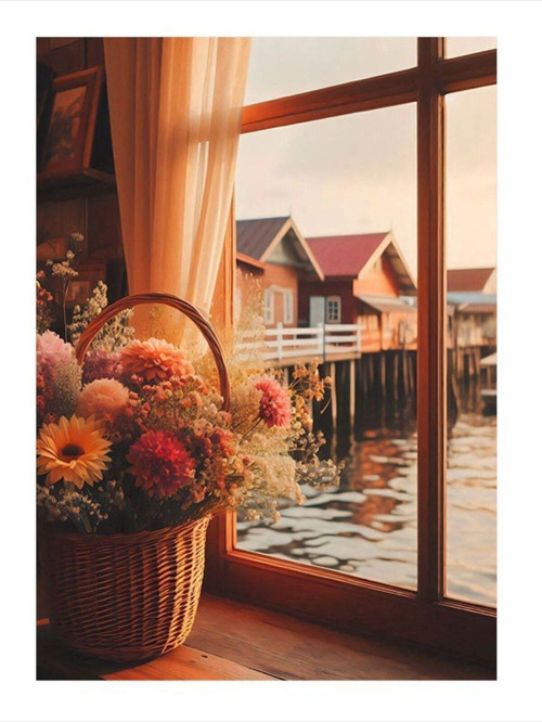 Pencere Kenarındaki Çiçek Sepeti Dekoratif Mdf Tablo 25 cm x 35 cm