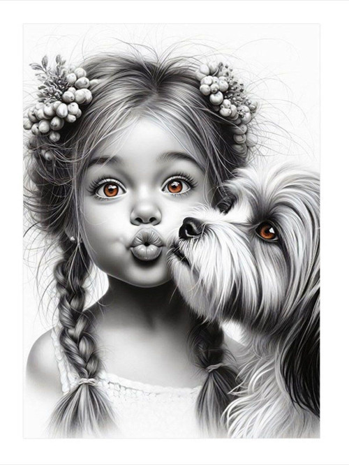 Siyah Beyaz Kız Çocuğu Ve Köpek Model Mdf tablo 25 cm x 35 cm