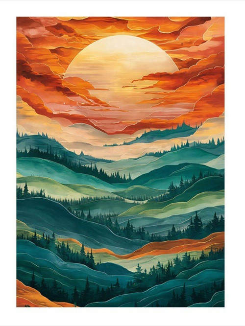 Kırmızı Güneş Ve Orman Desenli Mdf Tablo 35 cm x 50 cm