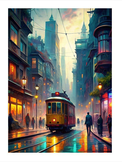 Tramvay Ve Gün Batımı Desenli Mdf Tablo 35 cm x 50 cm
