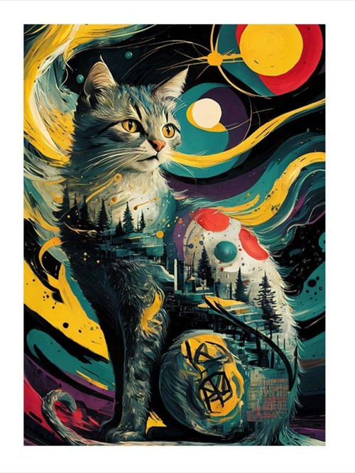 Van Gogh Tarzı Kedi Art Mdf Poster 35 cm x 50 cm